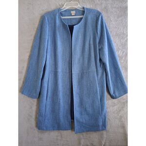 Chicos Sz 3 / 16 Topper Jacket Blue Elongated Open Front Office Casual Satement